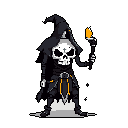 A pixel art Grim Reaper figure in dark robes stands against a black void, holding a lit torch aloft. The skeletal necromancer, adorned with a small white cross, exudes an ominous presence with its muted color scheme and vibrant flame.