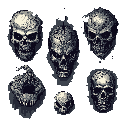 Six unique pixel art skulls float against a stark black background, their varying sizes and levels of detail creating an ominous and macabre display. One skull appears damaged, adding to the unsettling atmosphere.