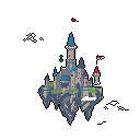 A majestic, pixelated floating castle rises from a jagged island, suspended in a dark void. This fantasy fortress evokes a sense of wonder and isolation, hinting at a hidden world among the stars.