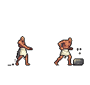 This pixel art shows two men in earthy tones crafting stone, one gesturing and the other chiseling, evoking a sense of ancient labor and focused craft.
