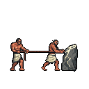 This pixel art depicts two shirtless figures laboring to move a large rock, one pulling with a rope and the other pushing. The scene, rendered in muted tones, evokes a feeling of arduous work, reminiscent of ancient construction.