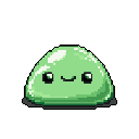 This pixel art features an adorable, light green slime with a friendly expression, its simple design radiating cuteness and peacefulness against a stark background.