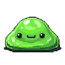 A cheerful, lime green slime with a sweet smile radiates simple joy in this vibrant pixel art piece. The blob-like creature, shaded with meticulous detail, pops against a stark black background, creating a charming and whimsical image.