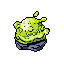 A vibrant, sentient lime-green slime blob dominates the image with its whimsical yet slightly ominous presence. Its amorphous form, resting on a dark base, gives off an ethereal glow against the dark background, evoking retro video game vibes.