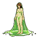 A serene, elven-like figure emerges from a pool of glowing lime-green liquid, her calm expression adding to the image's mysterious and ethereal quality. She is draped in the fluid which contrasts against the black background.