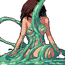 A lone woman is partially submerged in a viscous, light green liquid, her downcast gaze and slumped posture creating an unsettling and mysterious scene. The pixel art style adds a layer
