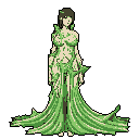 A lone female figure, rendered in pixel art, stands draped in flowing green plant matter against a stark black background. The image evokes a sense of organic elegance and quiet melancholy, hinting at a connection to nature and transformation.