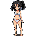 A young girl with pigtails is rendered in a minimalist pixel art style, wearing a light blue