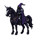 A hooded knight in dark armor rides a unicorn-like steed in this pixel art image. The dark, somber tones and the unicorn's white horn create a mysterious and powerful vibe.
