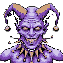 This pixel art bust features a menacing jester with pale purple skin, a wide, unsettling grin, and hollow yellow eyes. Its traditional jester hat and dangling bells add to the eerie, grotesque vibe, creating a character more frightening than amusing.
