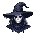 This pixel art depicts a haunting figure in a witch's hat and cowl, its pale, skull-like face staring directly forward with a subtly menacing expression. The stark contrast and dark color palette create an ominous and macabre atmosphere.
