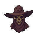 A pixel art skull, adorned with a hooded cowl and wide-brimmed hat, stares forward with chilling neutrality. The earthy, muted color scheme and tight headshot create an ominous and unsettling vibe, emphasizing the skeletal subject.