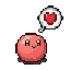 This adorable pixel art features a cheerful, pink blob-like character with a heart-filled thought bubble. The simple design and warm color palette evoke feelings of cuteness and affection.