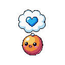 This pixel art features a cute, orange, spherical creature with a rosy blush, happily dreaming of a bright blue heart. The simple design and limited palette create a charming and affectionate image.