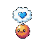 A cute, orange, spherical creature dreams of love, as shown by the blue heart floating in its thought bubble. This adorable pixel art embodies a feeling of sweetness and positive emotion.