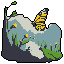 A pixel art butterfly with bold yellow and gray stripes rests on a textured rock, its vibrant colors popping against the stark black background. The simple scene evokes a moment of quiet beauty in nature.