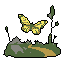 A large, stylized butterfly dominates this pixel art scene, hovering above a dimly lit landscape with a winding path and a slender tower. The muted, earthy color palette against a stark black background creates an atmosphere of quiet mystery and peaceful solitude.