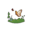 A solitary grey character gazes in wonder at a vibrant butterfly in this charming pixel art piece. The minimalist style and focus on color create a peaceful and contemplative scene.