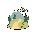 A winding path leads through pixelated, snow-capped mountains, flanked by evergreen trees, in this serene landscape. A butterfly flutters near a sun or moon, adding a touch of life to the tranquil scene.