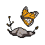 A pixelated monarch butterfly, wings spread in motion, hovers above the ground, surrounded by a magical, glowing dust. The vibrant orange and black insect stands out against the stark black background, creating a peaceful and ethereal scene.