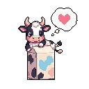 This adorable pixel art features a chibi Holstein cow perched on a milk carton, radiating sweetness. The loving bovine has a heart-filled thought bubble floating above its head.