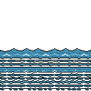 This pixel art depicts a stylized ocean with layered waves and shimmering reflections, rendered in cool blues and white. The vast, minimalist design evokes a sense of quiet vastness and nostalgic simplicity.