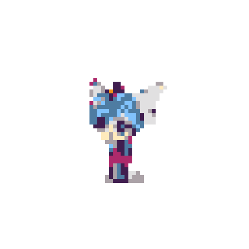 A light blue, avian-inspired character with a determined expression is showcased in this pixel art piece. The minimalist style and deep magenta backdrop highlight the character's unique, feathery design and mysterious aura.