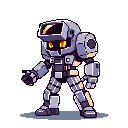 A powerful, pixelated robot with a glowing orange visor stands ready for action, its grey and purple armor detailed despite the low resolution, evoking classic mecha anime.