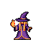 A pixel art wizard in purple robes stands ready, conjuring a fiery orb in their hand. The gold trim and bright flames pop against the dark background, evoking a classic magical feel.