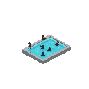 Pixel art shows a tranquil swimming pool filled with penguin-like figures enjoying a simple, isolated swim. The muted colors and minimalist style create a slightly abstract and peaceful scene.