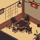 A clandestine meeting unfolds in this pixel art scene, featuring four figures in dark attire seated around a card-strewn table. The dimly lit room and muted tones evoke a sense of secrecy and intrigue.