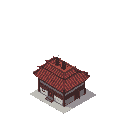 This pixel art showcases a charming, isometric building with a striking red tile roof and detailed stonework. Sitting on a diamond platform against a stark black background, the structure evokes a nostalgic, old-school video game aesthetic.