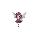 A cheerful, chibi-style fairy with brown hair and dress hovers against a stark background, her grayish-purple wings adding a touch of whimsy. This cute pixel art sprite evokes classic RPG nostalgia.