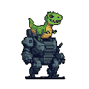 A grinning green T-Rex confidently rides atop a massive, heavily armored robot in this playful pixel art image. The unlikely duo, rendered in contrasting colors, creates a humorous and powerful visual.
