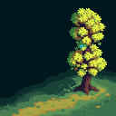 A solitary, sunlit tree with a vibrant blue bird nestled in its leaves stands serenely on a grassy slope. The pixel art highlights the tree's peaceful presence against a dark, contrasting backdrop.