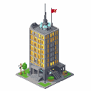 This pixel art depicts a detailed, multi-story building with glowing windows and an ornate roof, complete with a red flag. The structure's illuminated windows and rooftop details create a sense of bustling urban life.