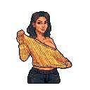 A pixel art woman smiles confidently as she pulls off a bright yellow sweater, her direct gaze creating a casual yet engaging moment. The warm color palette focuses on her exposed shoulder and the act of undressing, highlighting a playful confidence.