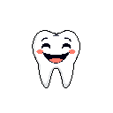 This pixel art image features a cute, anthropomorphic tooth with a cheerful expression, complete with blushing cheeks and a wide, happy grin. The simple, contrasting colors and friendly design make it undeniably appealing.