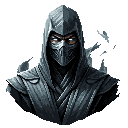A pixel art ninja, shrouded in mystery and muted colors, stares intensely from the darkness, hinting at supernatural power with wisps of smoke. This bust portrait captures the stern and intimidating essence of a classic assassin.