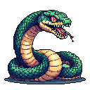 This pixel art depicts a coiled snake poised to strike, its vibrant green and yellow scales contrasting with its menacing red eyes and bared fangs. The powerful creature dominates the frame, exuding danger in its retro, video-game style.