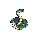 This pixel art depicts a coiled snake, rendered in teal and yellow, poised to strike against a stark black background. The creature's aggressive stance and open mouth create a sense of quiet intensity and potential danger.