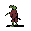 A pixelated, green-skinned orc or goblin snarls, clad in tattered robes against a stark black background, creating a mysterious and slightly ominous portrait.
