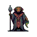 This pixel art showcases a regal, reptilian humanoid in ornate robes, holding a mystical staff. The creature's striking design and rich color palette evoke a sense of ancient power and mystery.