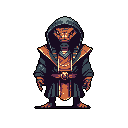 This pixel art showcases a regal, reptilian humanoid in ancient robes, its serious gaze and muted color palette creating a mysterious and powerful presence. The design evokes a sense of fantasy, reminiscent of ancient civilizations.