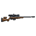 This pixel art showcases a detailed side profile of a bolt-action sniper rifle with a scope, rendered in muted browns and grays. The weapon's precision and functional design are highlighted against a stark black background, evoking a schematic or video game inventory aesthetic.
