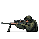 A lone soldier, rendered in pixel art, kneels with intense focus, aiming a large sniper rifle. The muted, earthy color palette and black background emphasize the soldier's solitary and serious preparation. The image evokes a classic military video game aesthetic, highlighting a moment of tense anticipation.