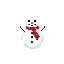 A cheerful pixel art snowman with a red scarf stands out against a stark background, evoking a nostalgic winter charm. Its simple design and classic features, like a carrot nose and stick arms, give it a retro feel.