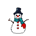 This festive pixel art features a cute snowman with a tilted top hat, striped scarf, and bright red details against a stark background. Its simple design and cheerful color palette evoke the feeling of winter holidays.
