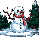 A charming pixel art snowman with a bright red scarf and carrot nose stands in a snowy, evergreen forest. The simple, blocky design evokes a peaceful winter scene.