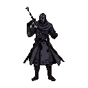 A masked warrior or assassin with glowing eyes stands ready, clutching a long firearm in the black void. The stark pixel art uses a dark palette to create a mysterious and ominous figure, hinting at a formidable presence.